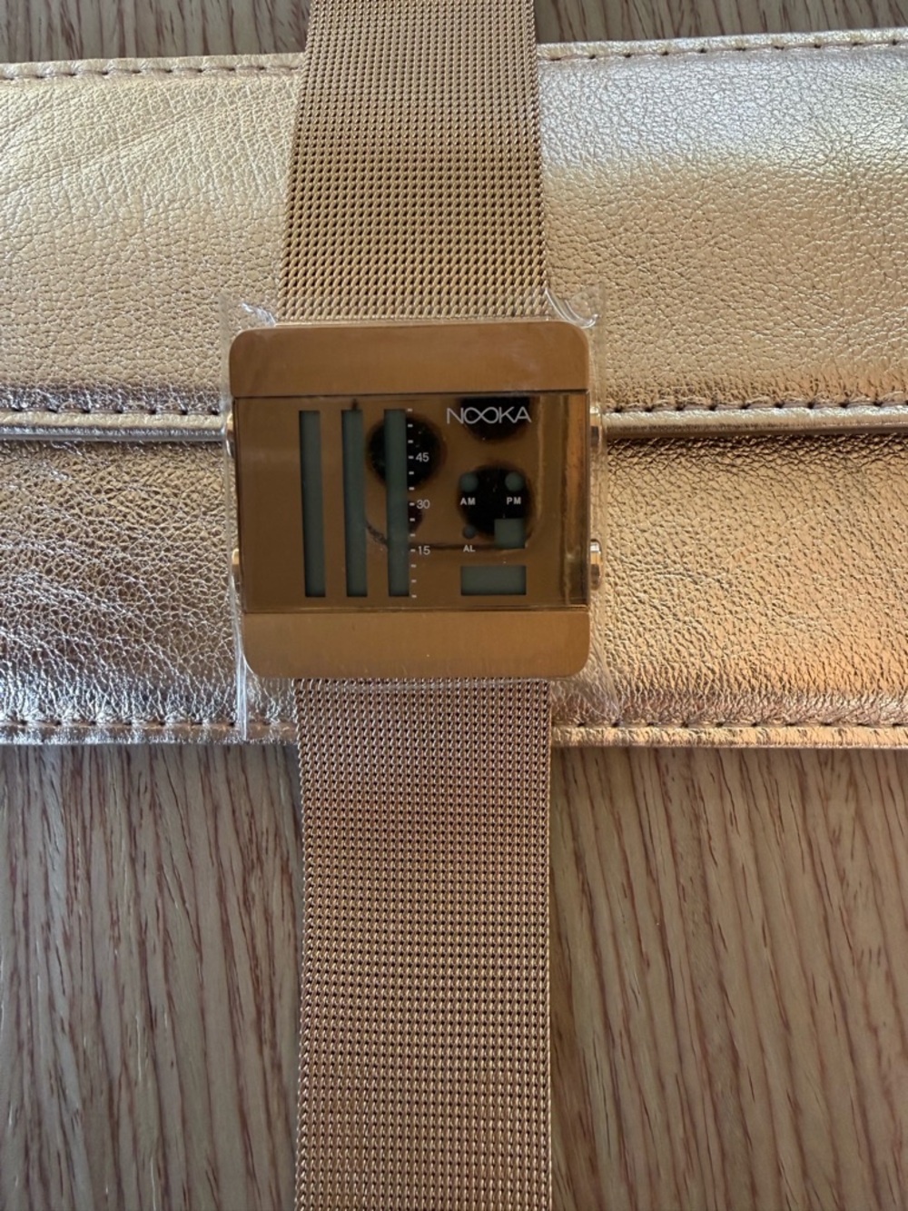 Edgy, Vintage Nooka Gold Mesh Band Watch with Modern Digital Display